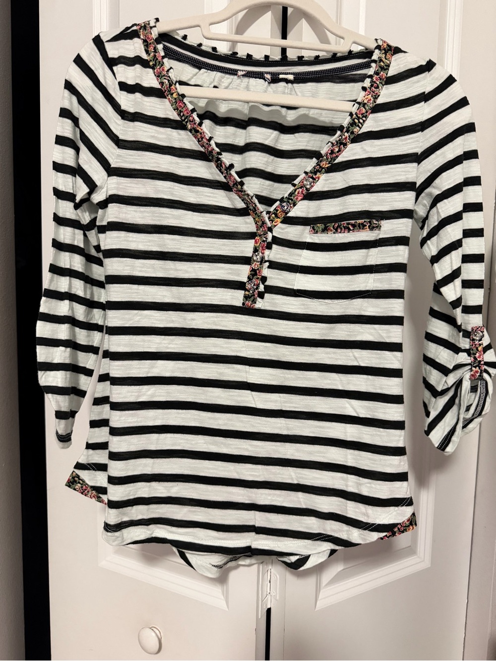Anthropologie Striped Black & White Top with Floral Trim ( without tag brand)